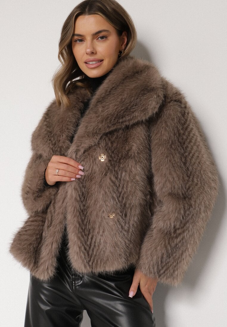 Jasnobrązowa Futrzana Kurtka z Cieniowanym Wzorem Monizavia