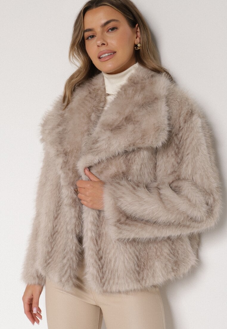 Beżowa Futrzana Kurtka z Cieniowanym Wzorem Monizavia