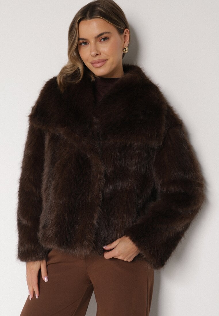 Brązowa Futrzana Kurtka z Cieniowanym Wzorem Monizavia