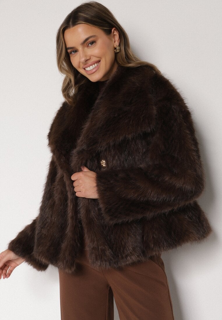 Brązowa Futrzana Kurtka z Cieniowanym Wzorem Monizavia