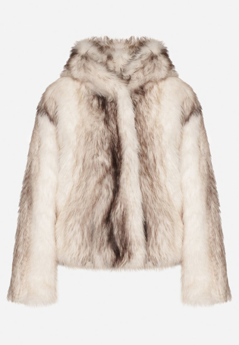 Jasnobeżowa Futrzana Kurtka z Nieodpinanym Kapturem Tusarea