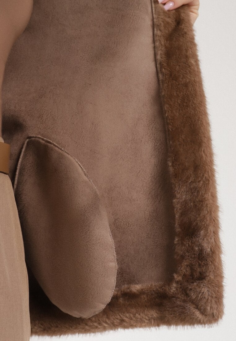 Jasnobrązowa Kurtka Futerko z Kapturem i Wiązanym Paskiem Zetara