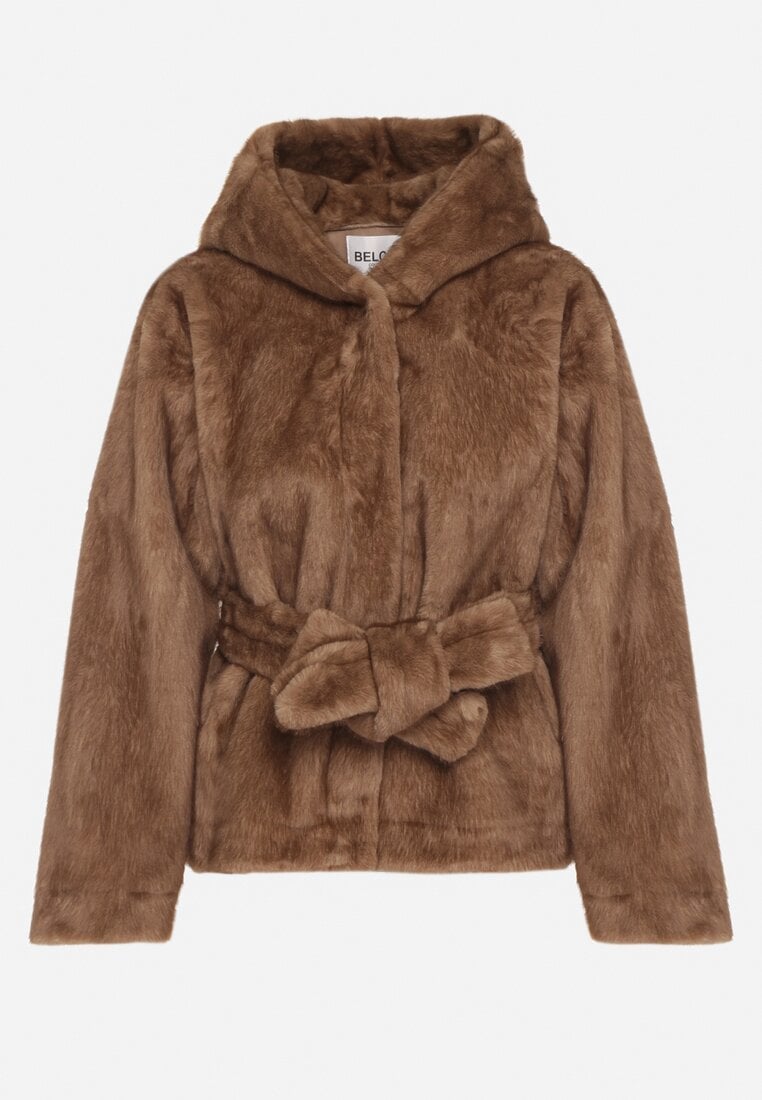 Jasnobrązowa Kurtka Futerko z Kapturem i Wiązanym Paskiem Zetara