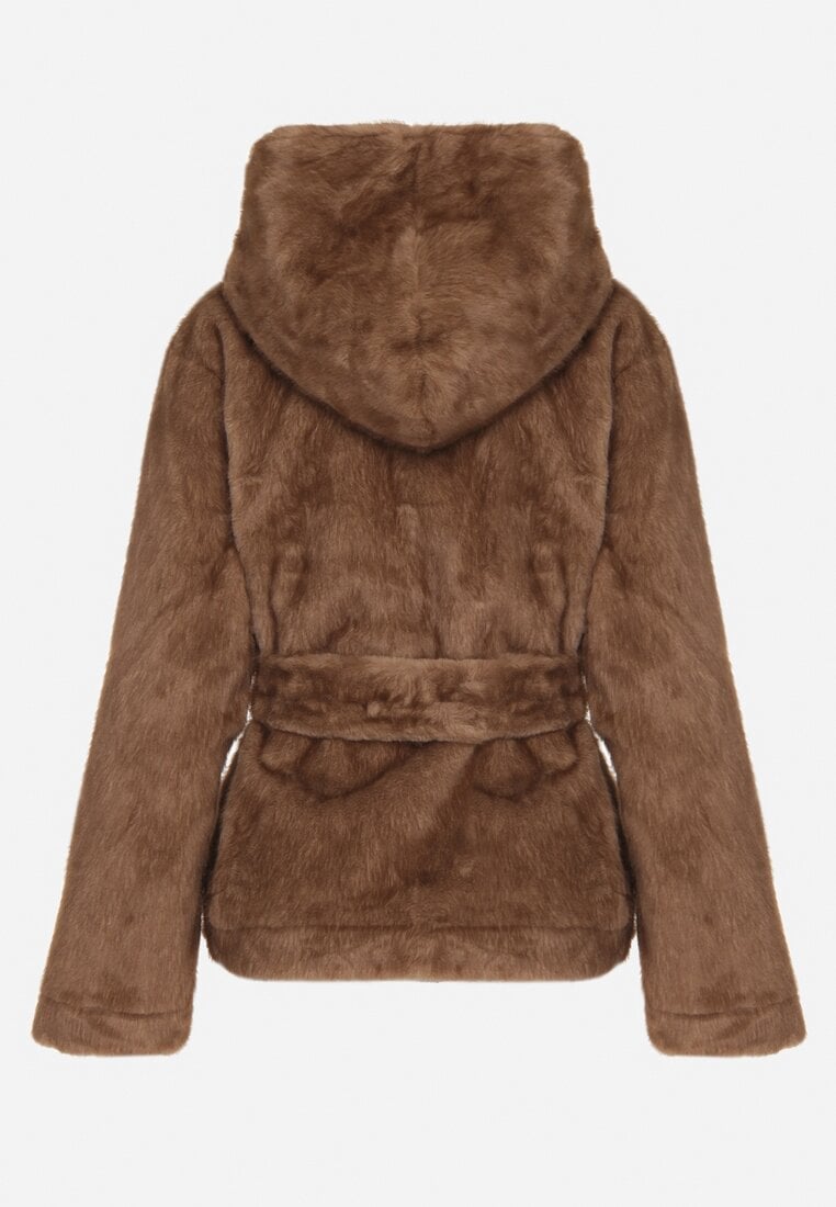 Jasnobrązowa Kurtka Futerko z Kapturem i Wiązanym Paskiem Zetara