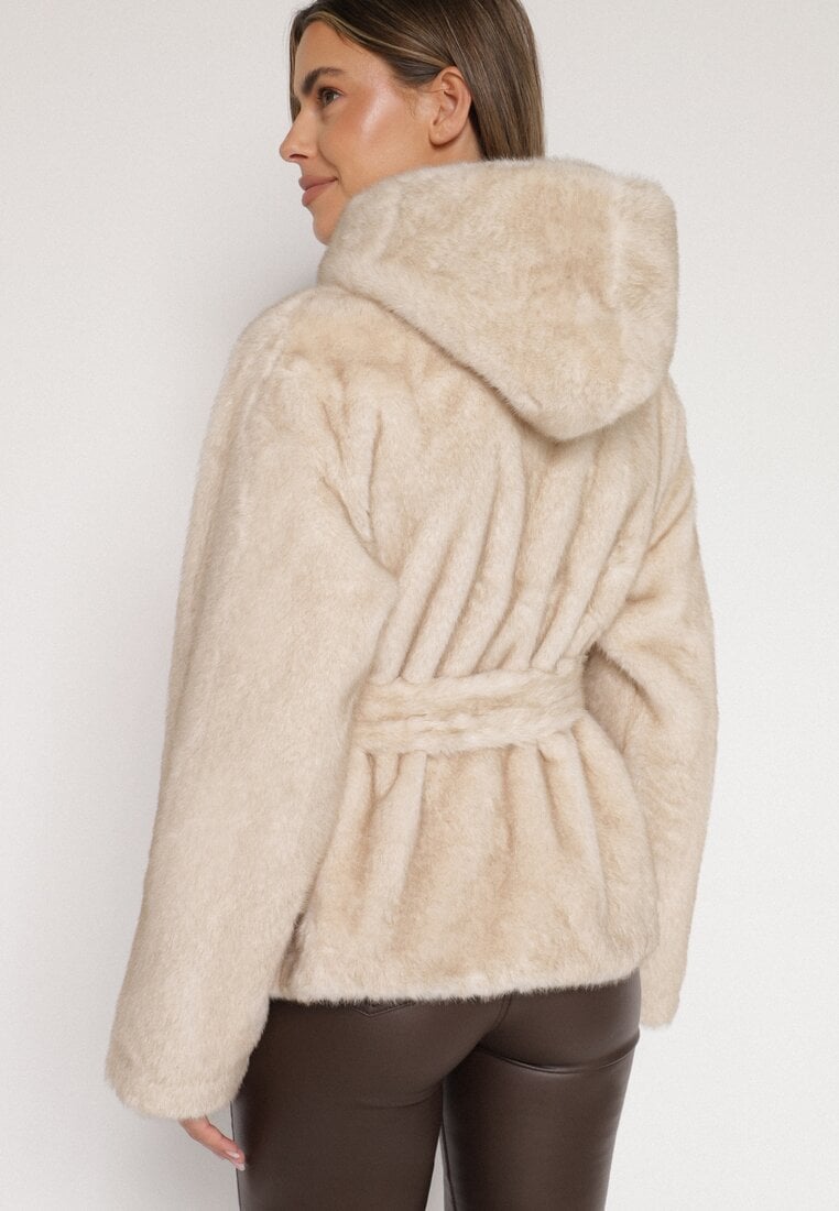 Beżowa Kurtka Futerko z Kapturem i Wiązanym Paskiem Zetara