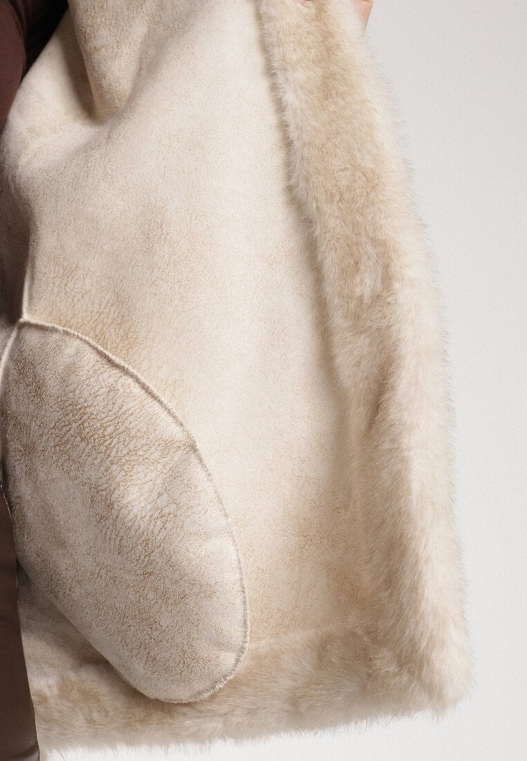 Beżowa Kurtka Futerko z Kapturem i Wiązanym Paskiem Zetara