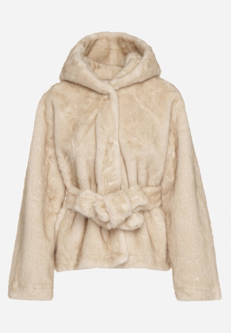 Beżowa Kurtka Futerko z Kapturem i Wiązanym Paskiem Zetara