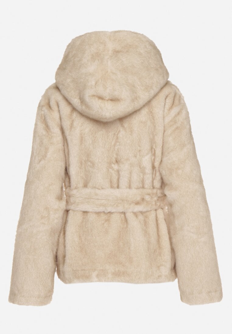Beżowa Kurtka Futerko z Kapturem i Wiązanym Paskiem Zetara