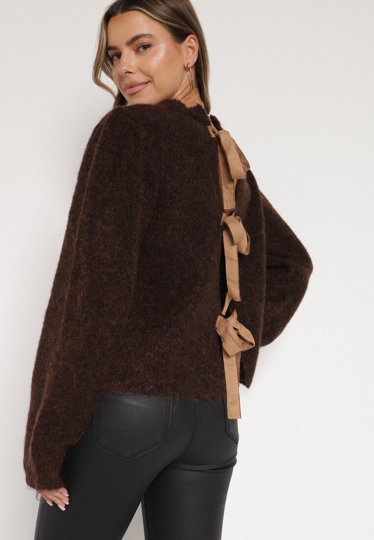 Brązowy Kardigan z Wełną i Bufiastymi Rękawami Wiązany na Plecach Tuseleia