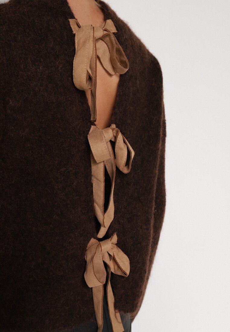Brązowy Kardigan z Wełną i Bufiastymi Rękawami Wiązany na Plecach Tuseleia