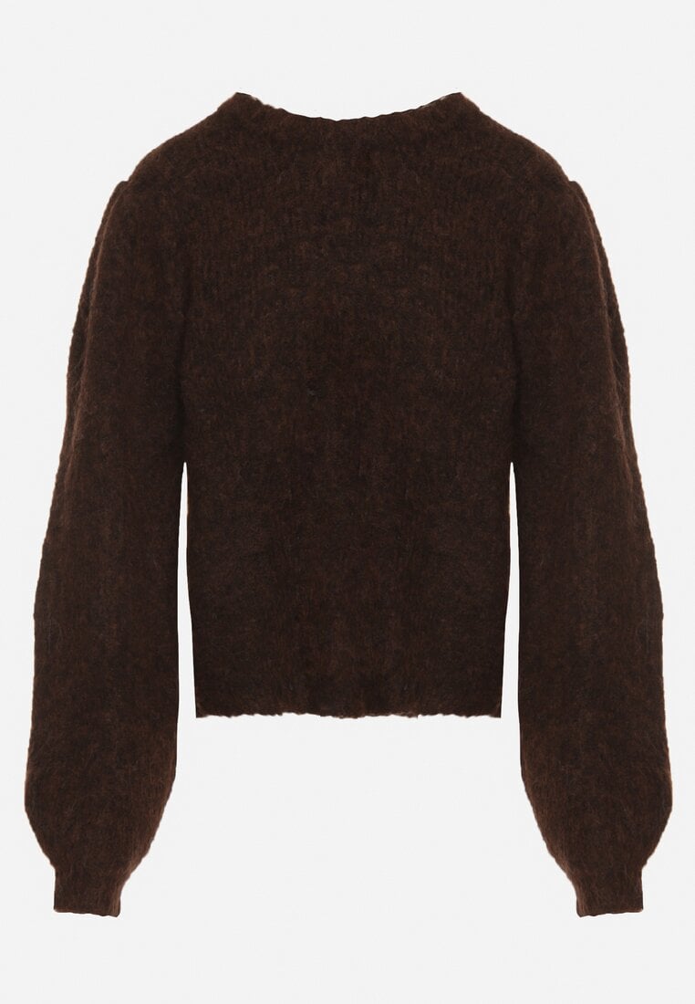 Brązowy Kardigan z Wełną i Bufiastymi Rękawami Wiązany na Plecach Tuseleia