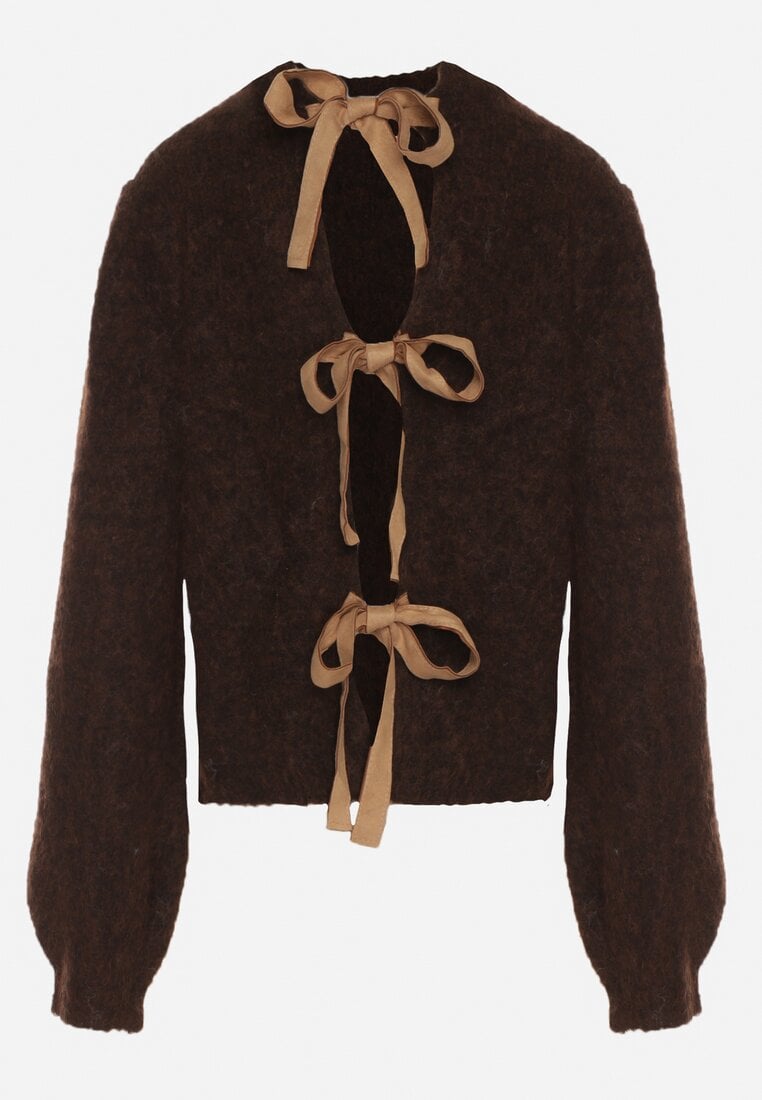 Brązowy Kardigan z Wełną i Bufiastymi Rękawami Wiązany na Plecach Tuseleia