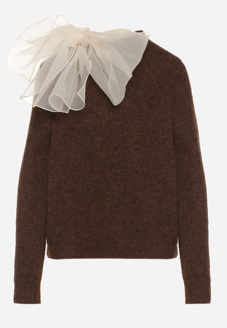 Brązowy Sweter z Domieszką Wełny z Ozdobnym Wiązaniem  Tuselana