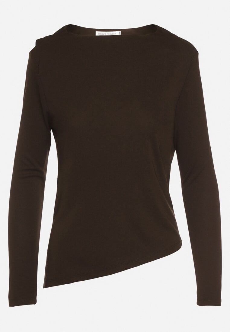 Brązowa Asymetryczna Bluzka z Długim Rękawem i Usztywnionymi Ramionami Tusallea