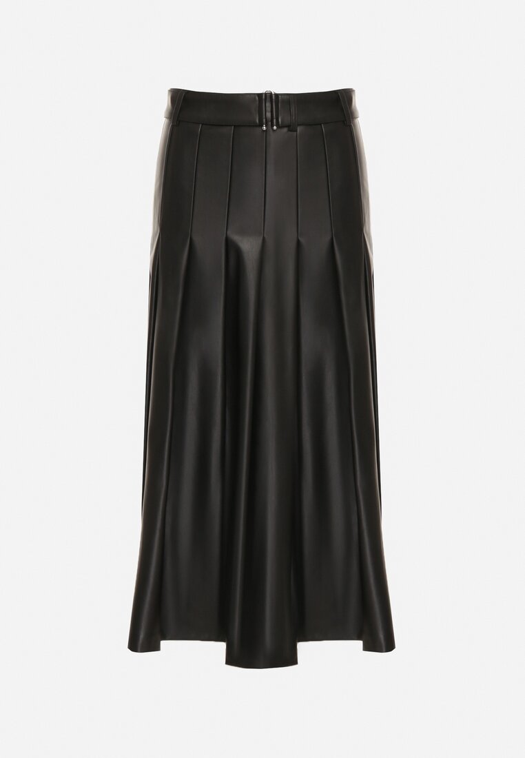 Czarna Rozkloszowana Spódnica z Imitacji Skóry Zdobiona Plisami Tusbella