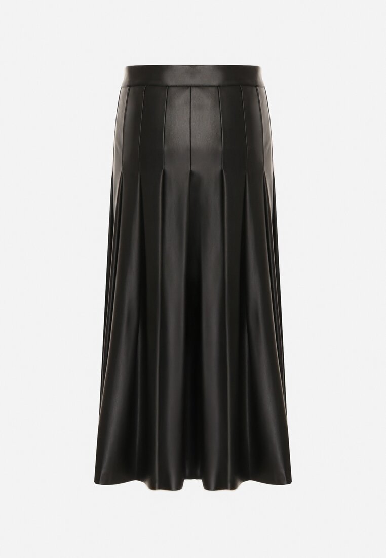 Czarna Rozkloszowana Spódnica z Imitacji Skóry Zdobiona Plisami Tusbella