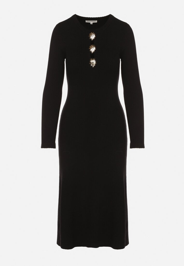 Czarna Dopasowana Sukienka z Prążkowanej Dzianiny z Wiskozą z Aplikacjami Tusmana