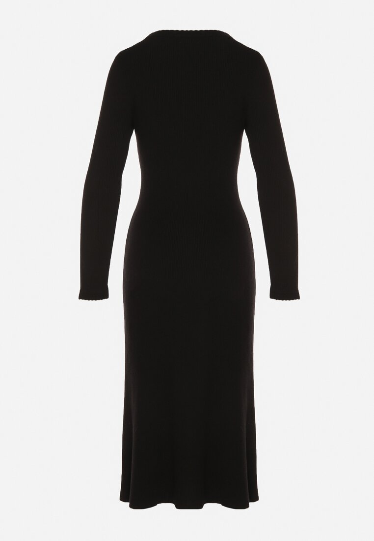 Czarna Dopasowana Sukienka z Prążkowanej Dzianiny z Wiskozą z Aplikacjami Tusmana