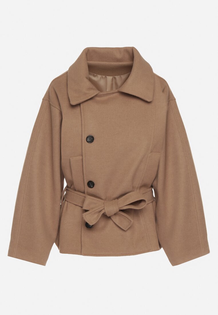 Beżowy Krótki Płaszcz z Wiskozą o Pudełkowym Kroju z Wiązanym Paskiem i Kołnierzem Tusilia