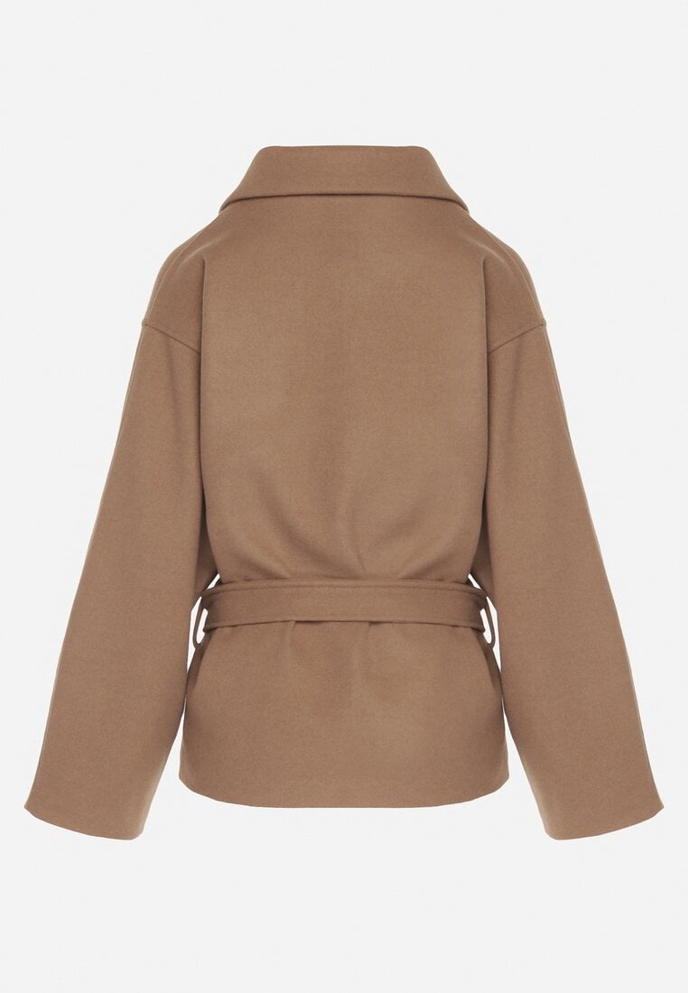 Beżowy Krótki Płaszcz z Wiskozą o Pudełkowym Kroju z Wiązanym Paskiem i Kołnierzem Tusilia