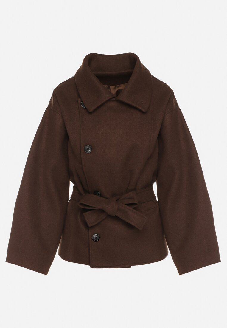 Brązowy Krótki Płaszcz z Wiskozą o Pudełkowym Kroju z Wiązanym Paskiem i Kołnierzem Tusilia