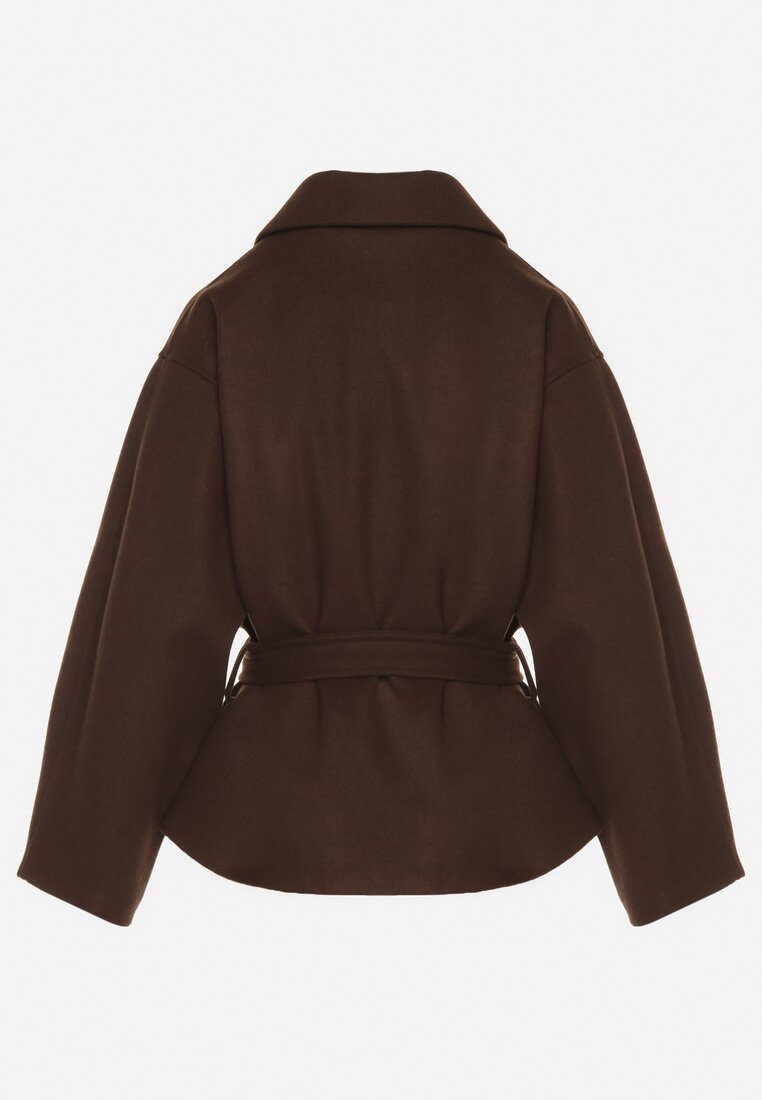 Brązowy Krótki Płaszcz z Wiskozą o Pudełkowym Kroju z Wiązanym Paskiem i Kołnierzem Tusilia