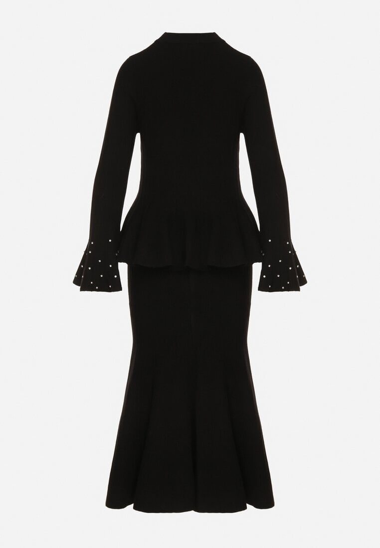 Czarny Dzianinowy Komplet z Wiskozą Spódnica i Sweter z Baskinką i Cyrkoniami Neora