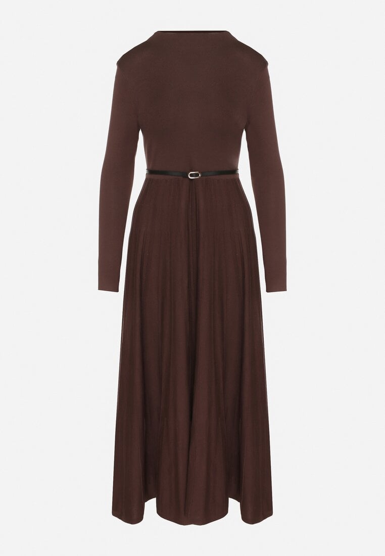 Brązowa Rozkloszowana Sukienka z Dzianiny z Wiskozą z Długim Rękawem i Paskiem Tusmina