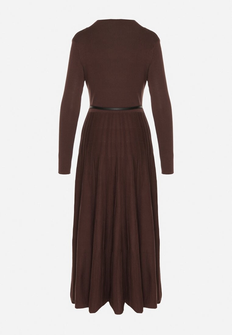 Brązowa Rozkloszowana Sukienka z Dzianiny z Wiskozą z Długim Rękawem i Paskiem Tusmina