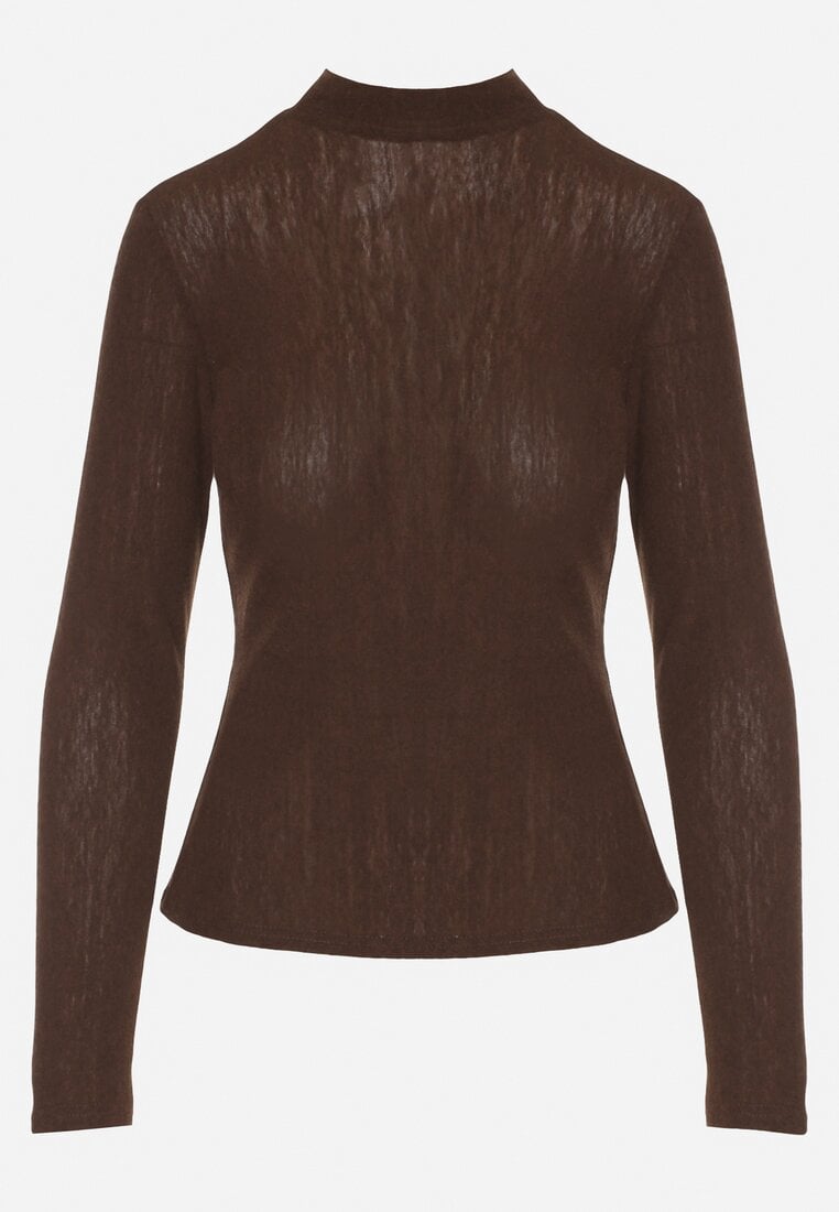 Brązowa Bluzka Longsleeve z Półgolfem z Półtransparentnej Tkaniny z Wiskozą Tuseana