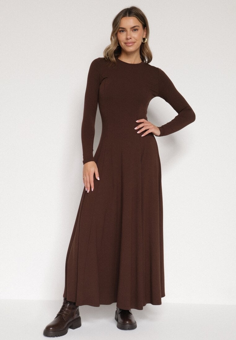 Brązowa Bawełniana Sukienka o Rozkloszowanym Kroju Tuselenea