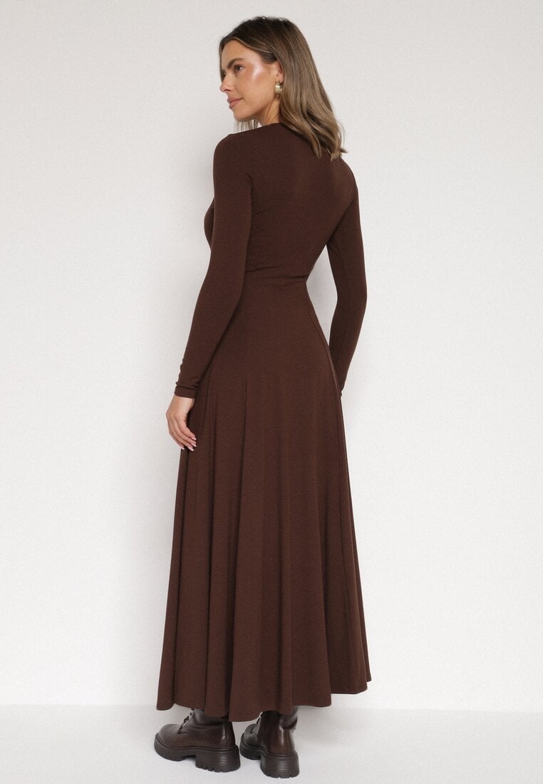 Brązowa Bawełniana Sukienka o Rozkloszowanym Kroju Tuselenea