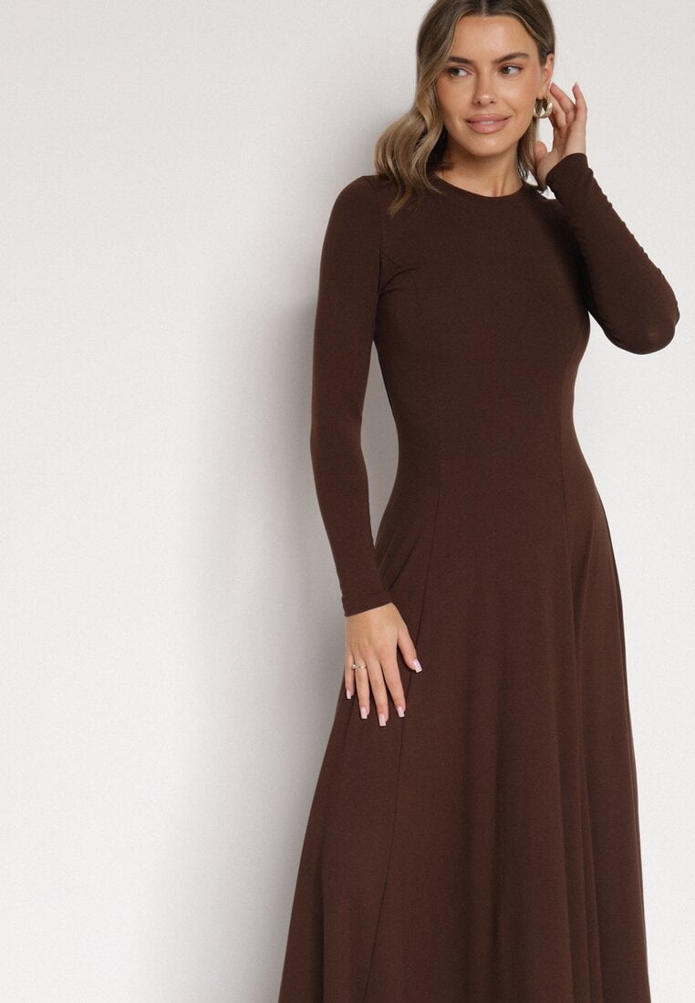 Brązowa Bawełniana Sukienka o Rozkloszowanym Kroju Tuselenea