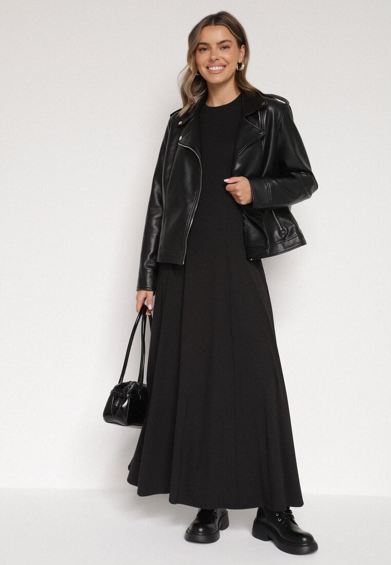 Czarna Bawełniana Sukienka o Rozkloszowanym Kroju Tuselenea