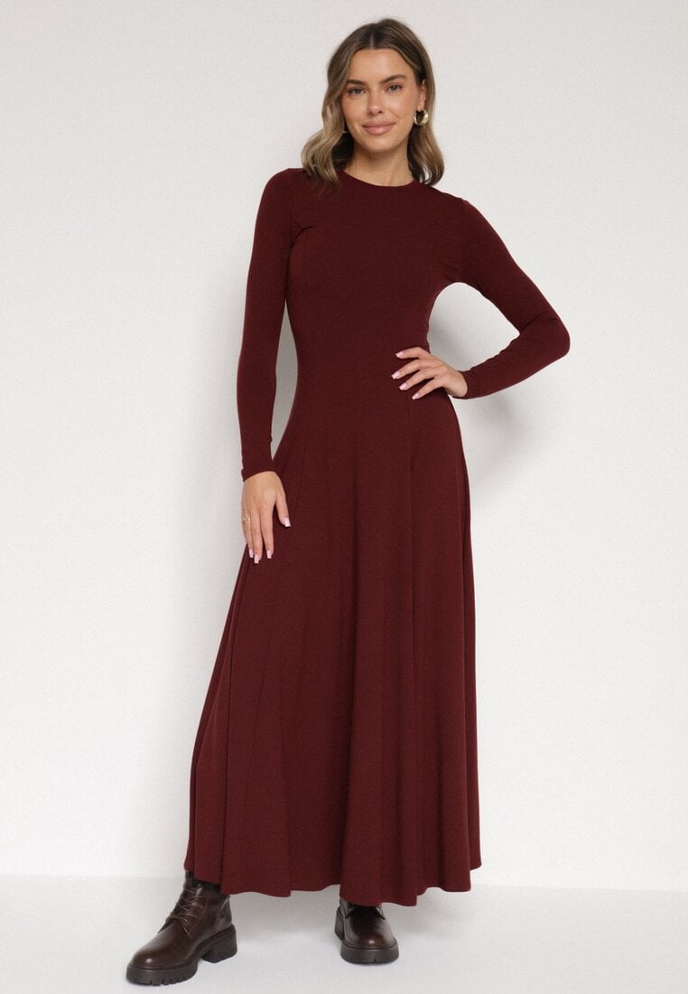 Bordowa Bawełniana Sukienka o Rozkloszowanym Kroju Tuselenea