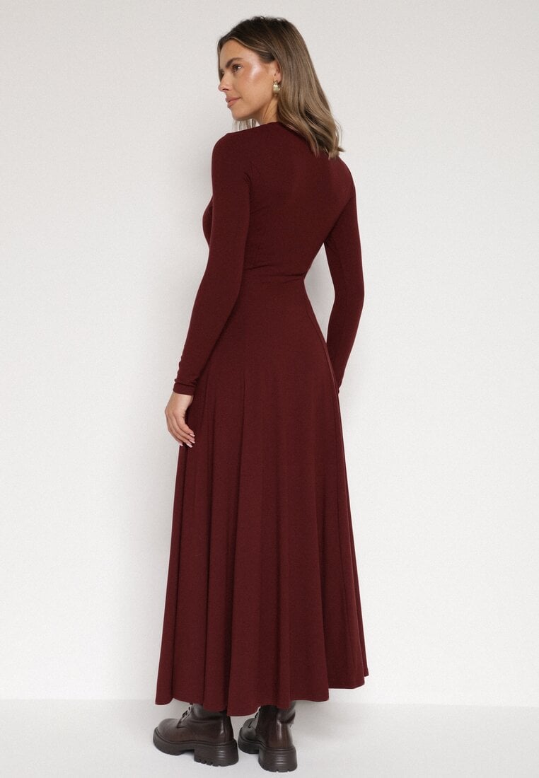 Bordowa Bawełniana Sukienka o Rozkloszowanym Kroju Tuselenea