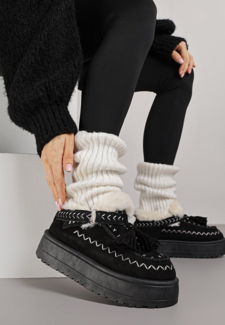 Czarne Śniegowce na Grubej Podeszwie z Frędzlami i Haftem Linodis