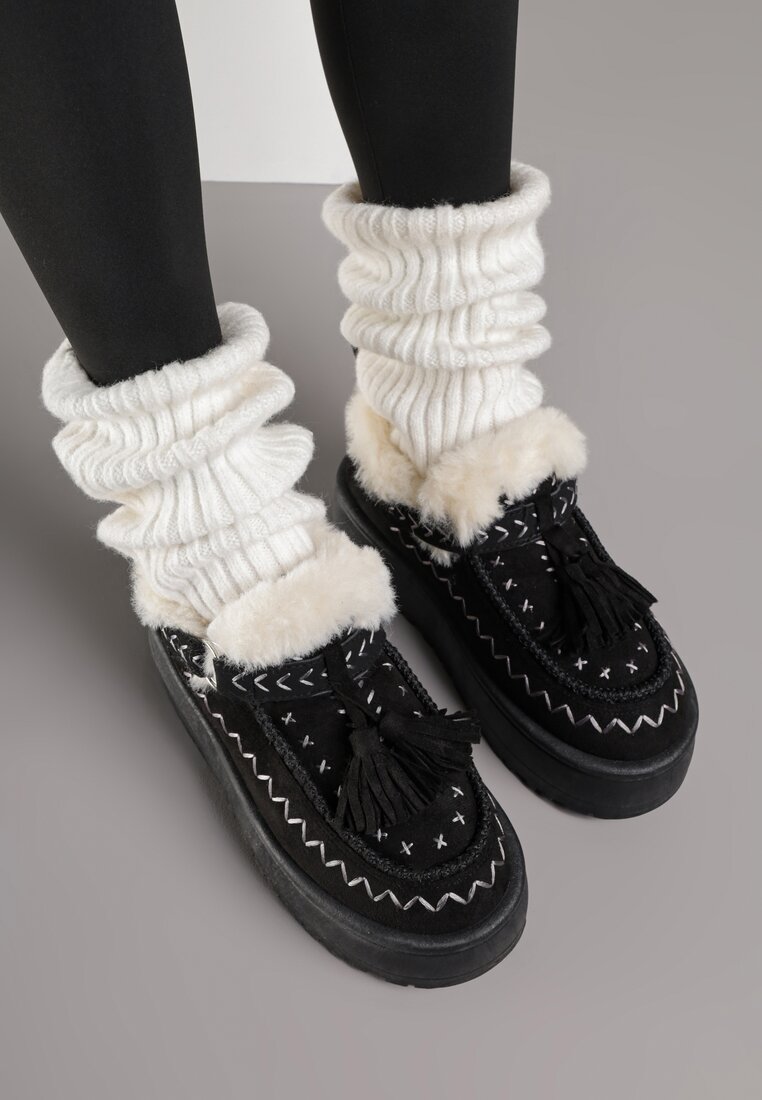 Czarne Śniegowce na Grubej Podeszwie z Frędzlami i Haftem Linodis