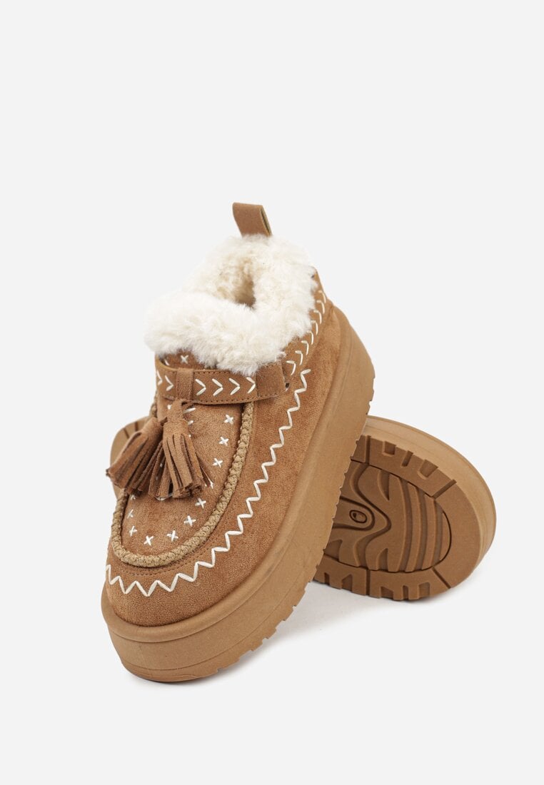 Brązowe Śniegowce na Grubej Podeszwie z Frędzlami i Haftem Linodis