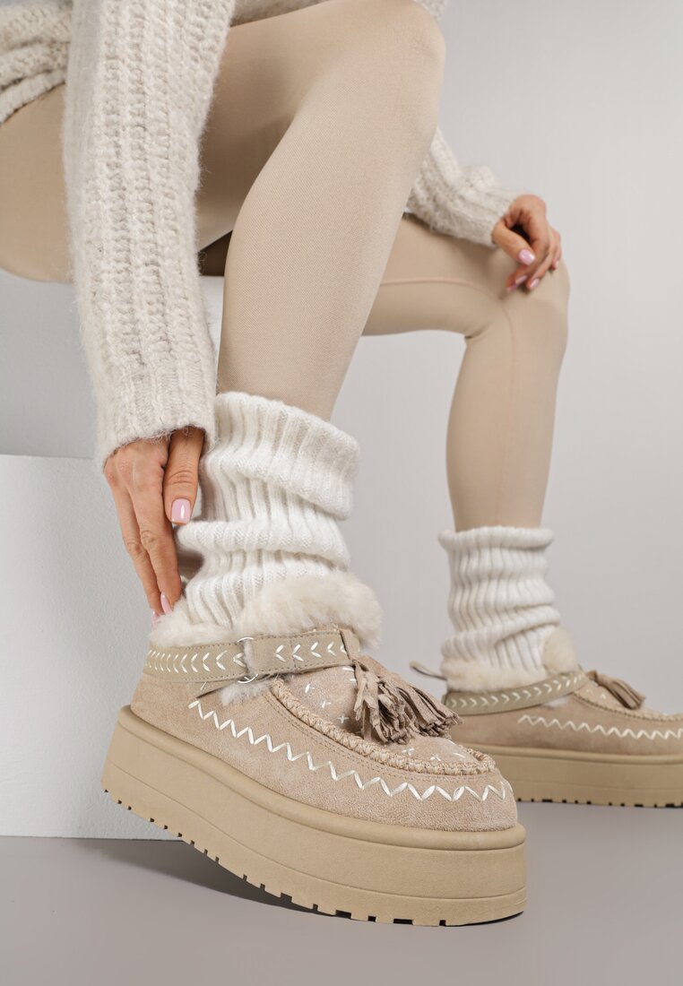 Beżowe Śniegowce na Grubej Podeszwie z Frędzlami i Haftem Linodis