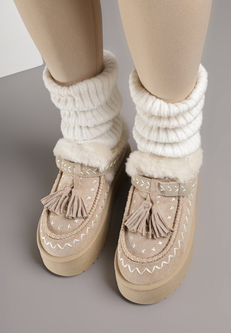 Beżowe Śniegowce na Grubej Podeszwie z Frędzlami i Haftem Linodis