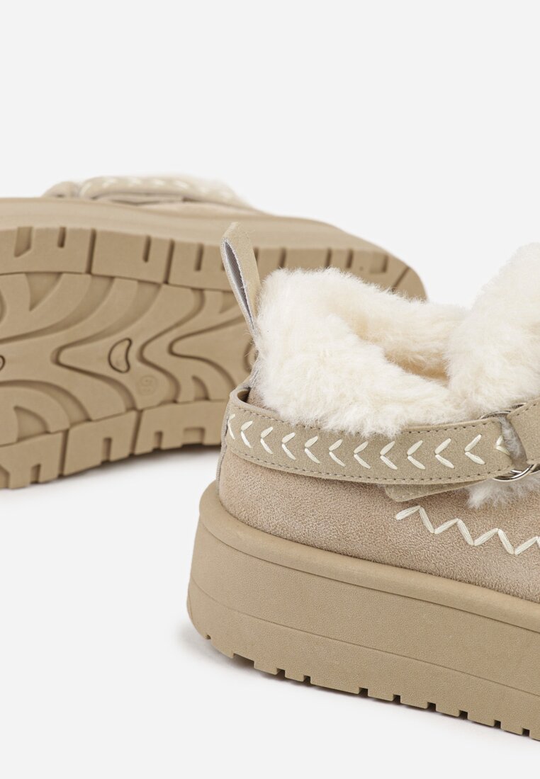 Beżowe Śniegowce na Grubej Podeszwie z Frędzlami i Haftem Linodis