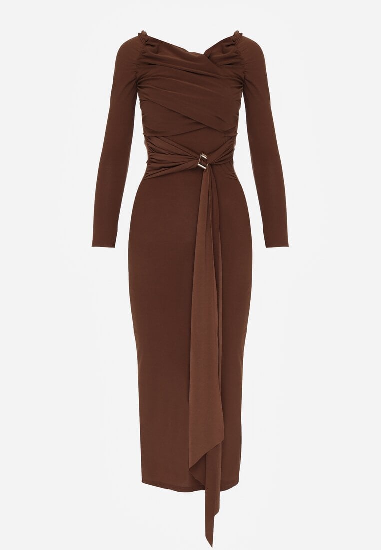 Brązowa Dopasowana Sukienka z Ozdobnym Marszczeniem Trenem i Rozcięciem Alutria