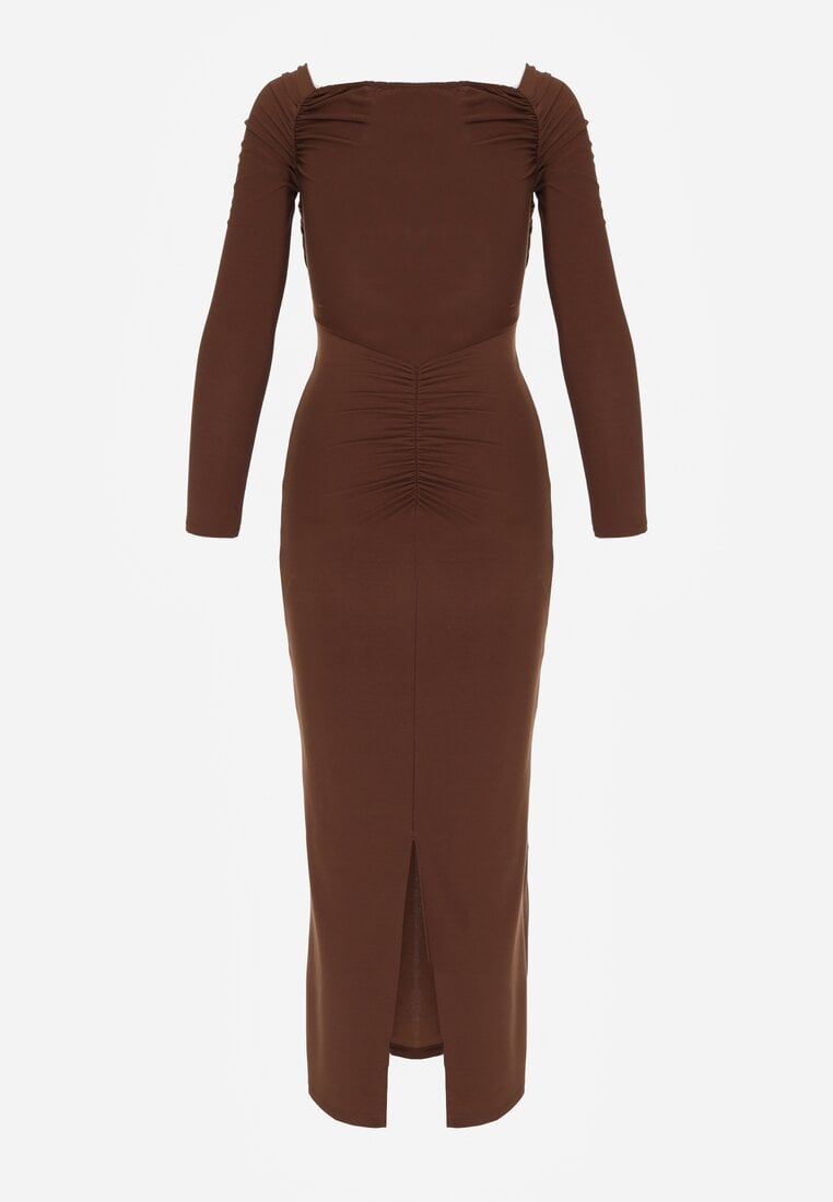Brązowa Dopasowana Sukienka z Ozdobnym Marszczeniem Trenem i Rozcięciem Alutria