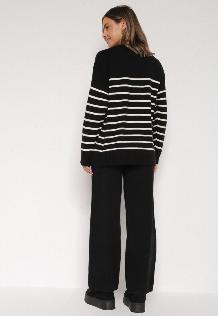 Czarny Komplet z Wełną i Bawełną Sweter w Paski i Szerokie Spodnie Neveena