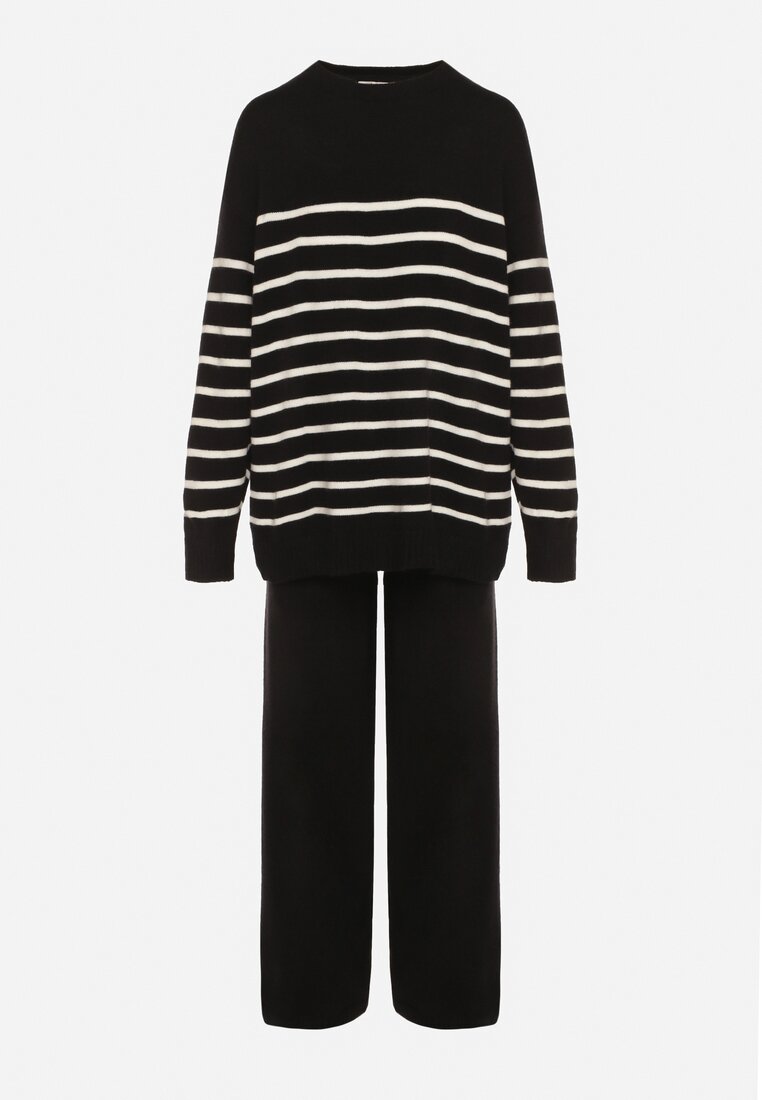 Czarny Komplet z Wełną i Bawełną Sweter w Paski i Szerokie Spodnie Neveena