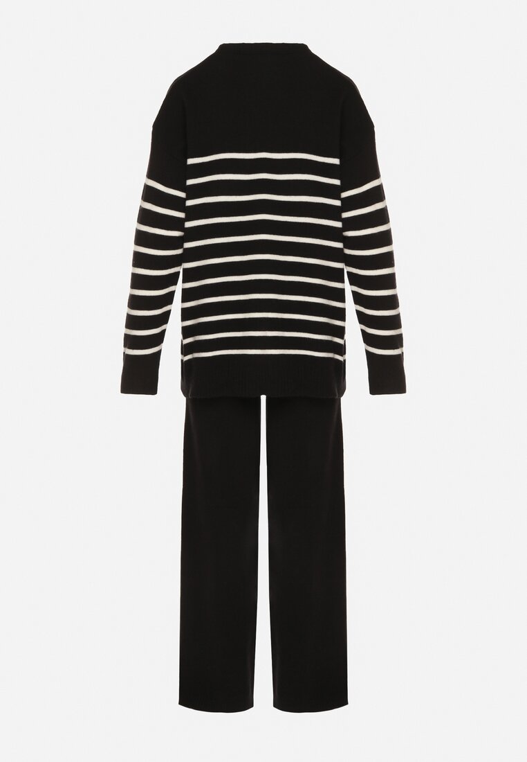 Czarny Komplet z Wełną i Bawełną Sweter w Paski i Szerokie Spodnie Neveena