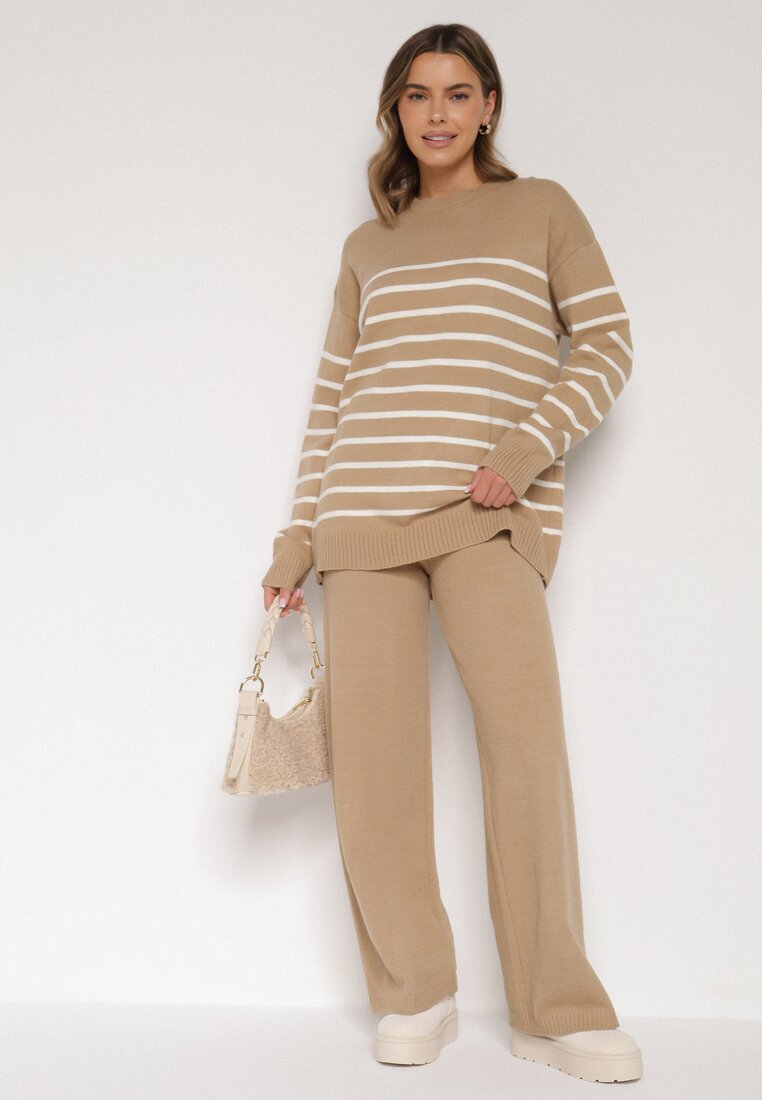 Ciemnobeżowy Komplet z Wełną i Bawełną Sweter w Paski i Szerokie Spodnie Neveena