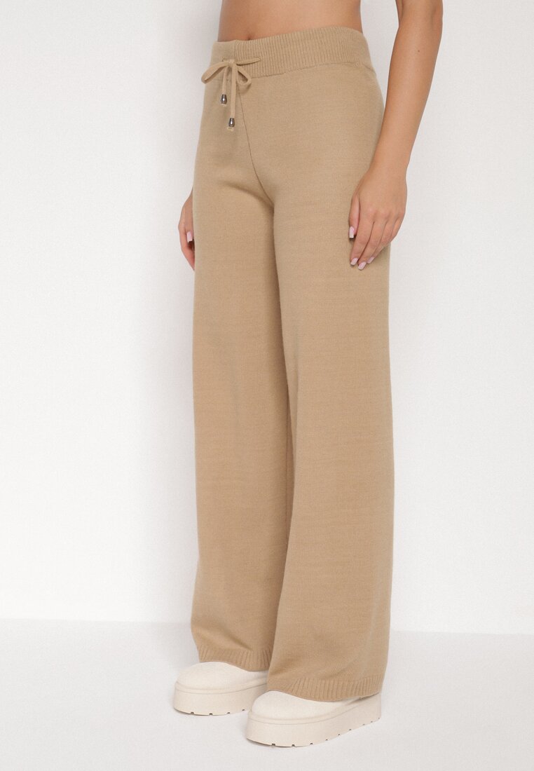 Ciemnobeżowy Komplet z Wełną i Bawełną Sweter w Paski i Szerokie Spodnie Neveena