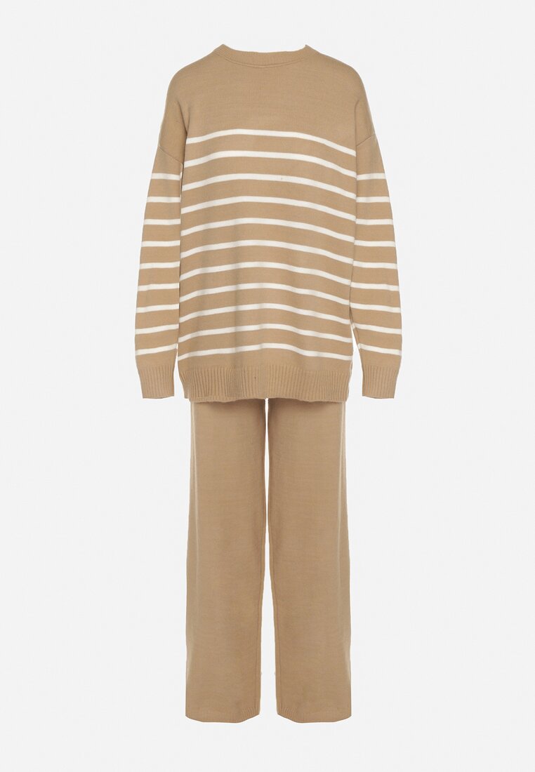 Ciemnobeżowy Komplet z Wełną i Bawełną Sweter w Paski i Szerokie Spodnie Neveena